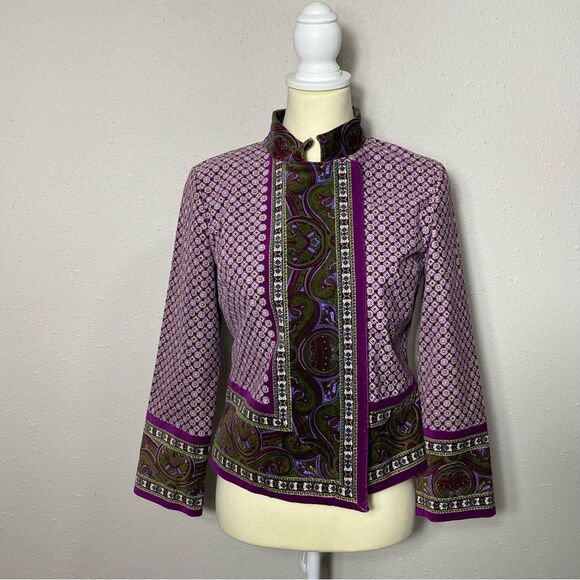 Isaac Mizrahi Purple Paisley Printed Standing Collar Velvet Blazer Women's Small - Picture 15 of 16